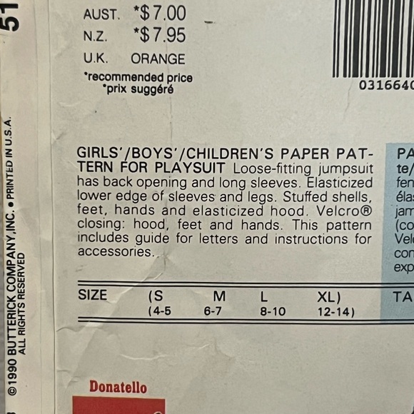 Butterick 5143 Kids Size 4-14 Teenage Mutant Ninja Turtles Playsuit patterns - Picture 9 of 9